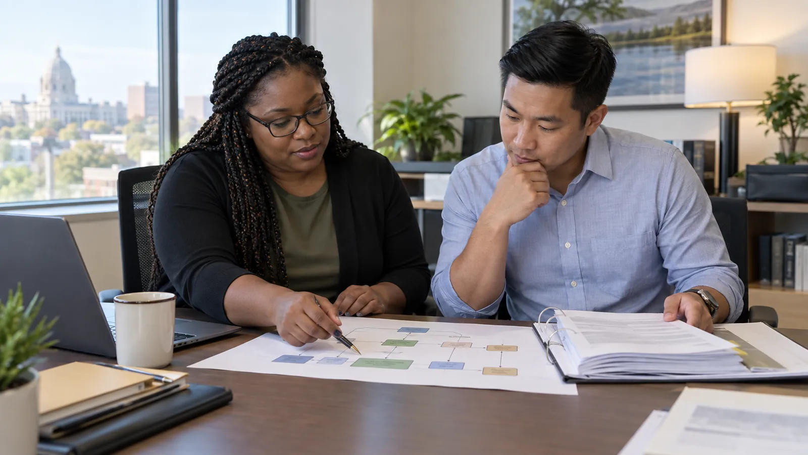 Two colleagues review a service process and supporting documents together.