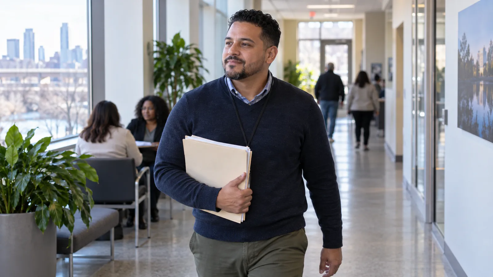 A professional carries a folder through a public-service building.
