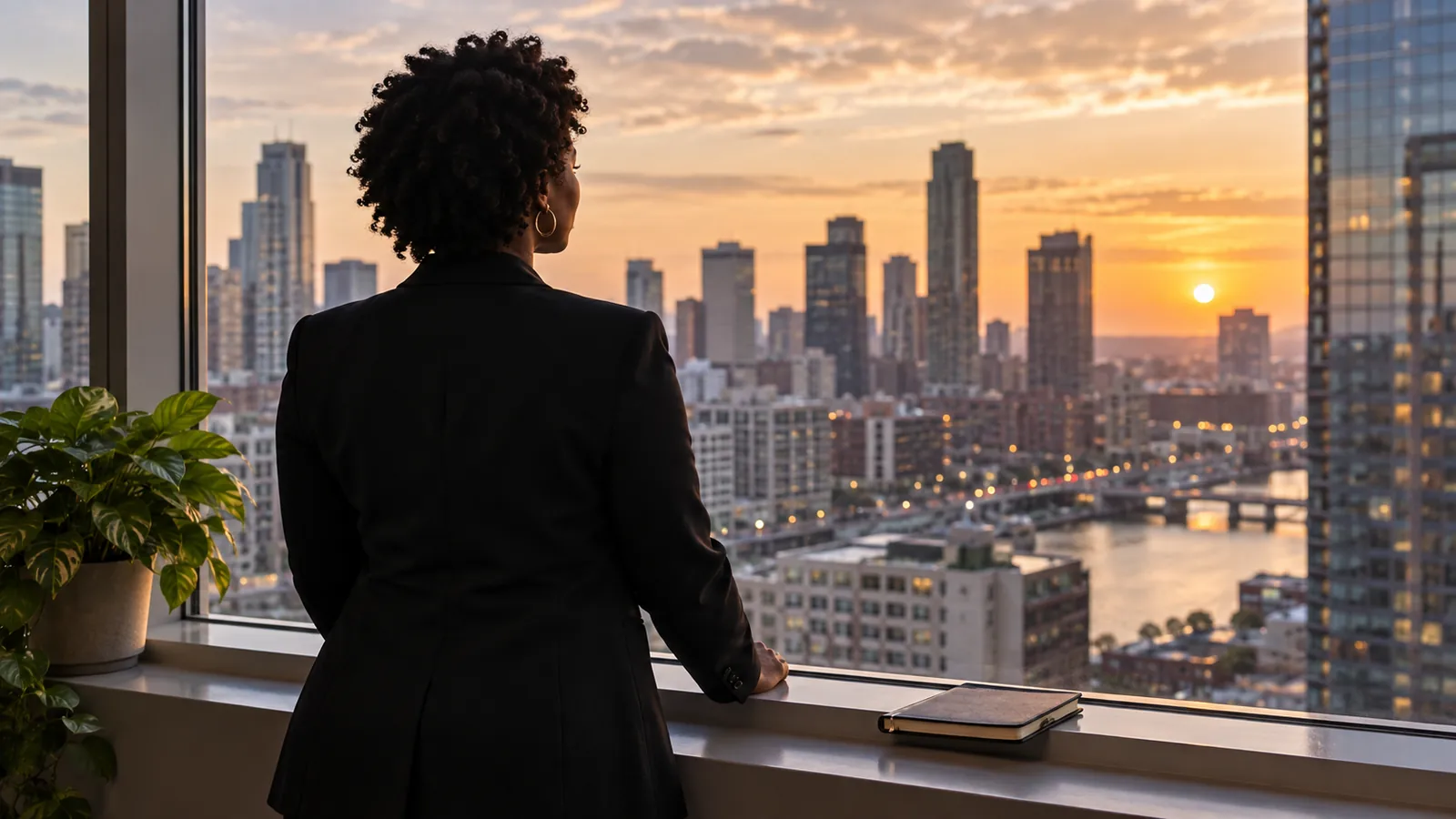 A professional pauses by a window overlooking the city at dusk.