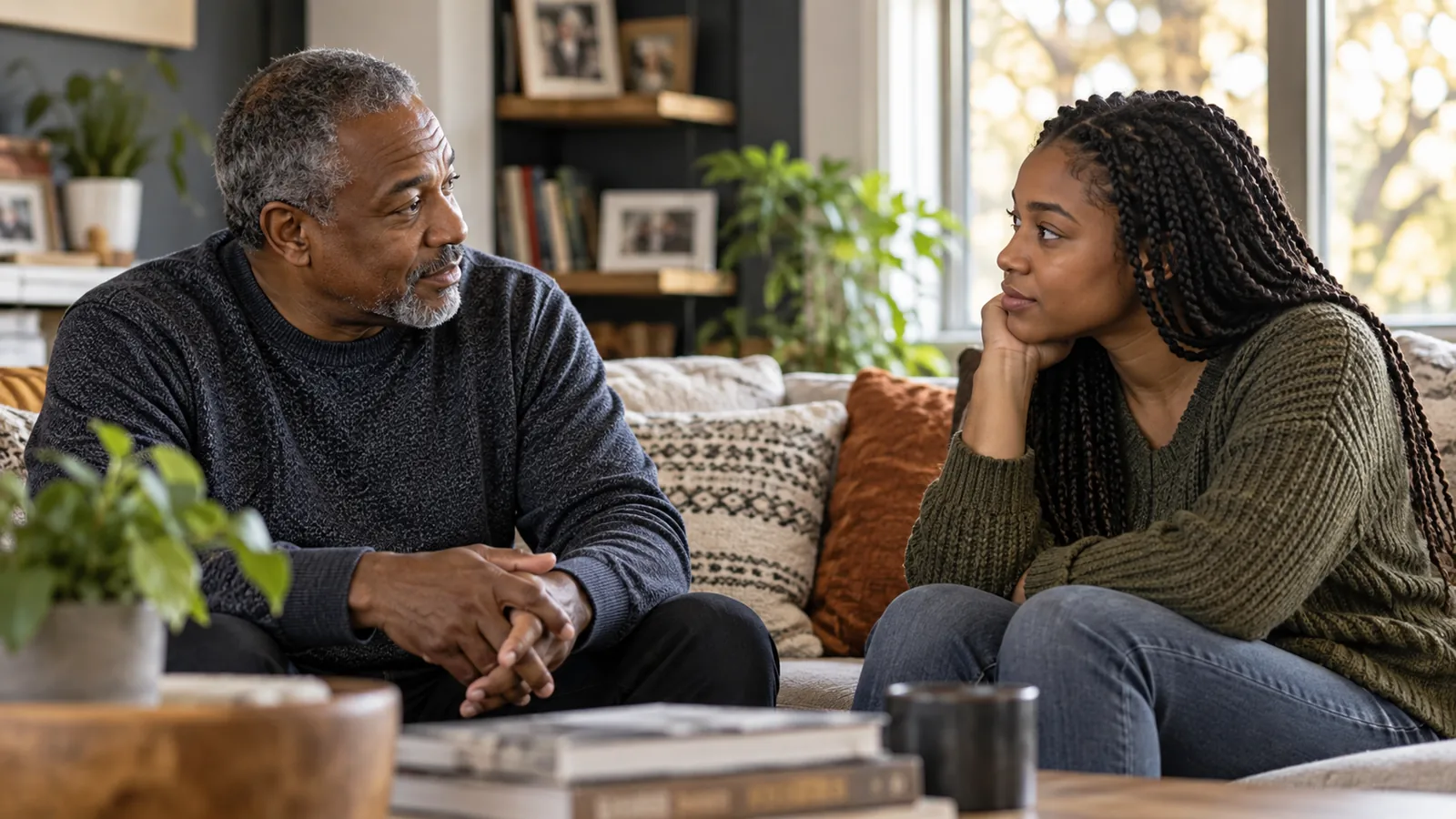 Two family members talk together in a living room.