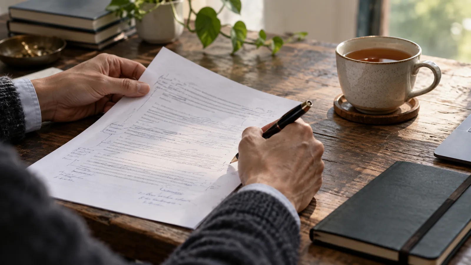 A person reviews a feedback document with a pen at a table.