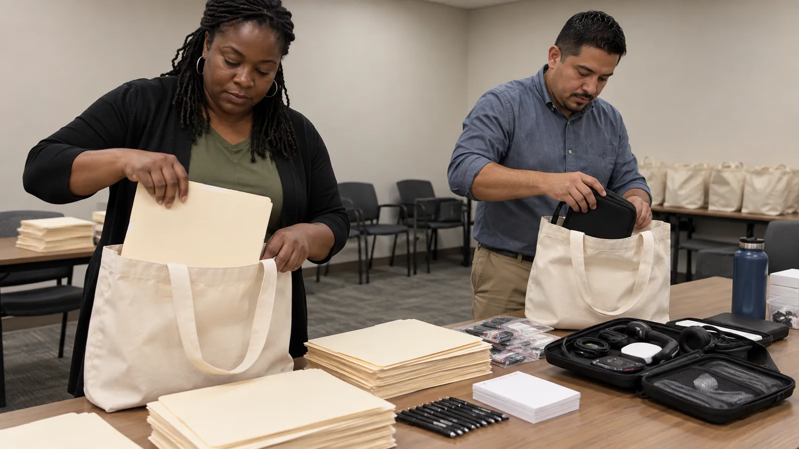 Two staff members prepare materials for a community service visit.