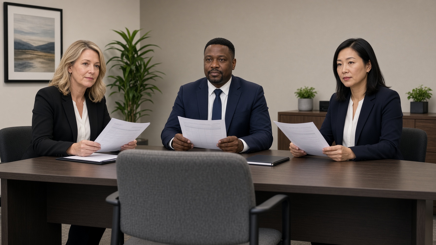 A three-person hiring panel sits with printed rubrics.