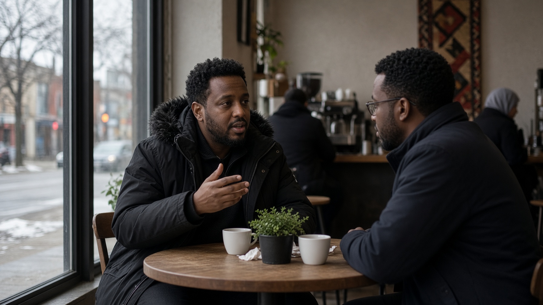 Two men talk in a Minneapolis neighborhood cafe.