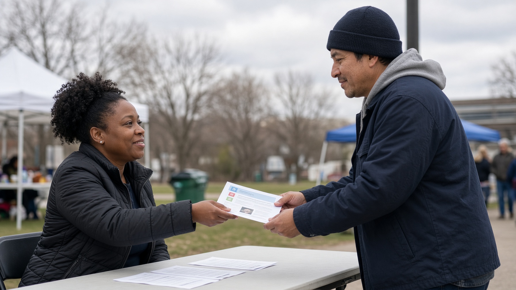 A woman at an outdoor job-fair table speaks with a visitor.