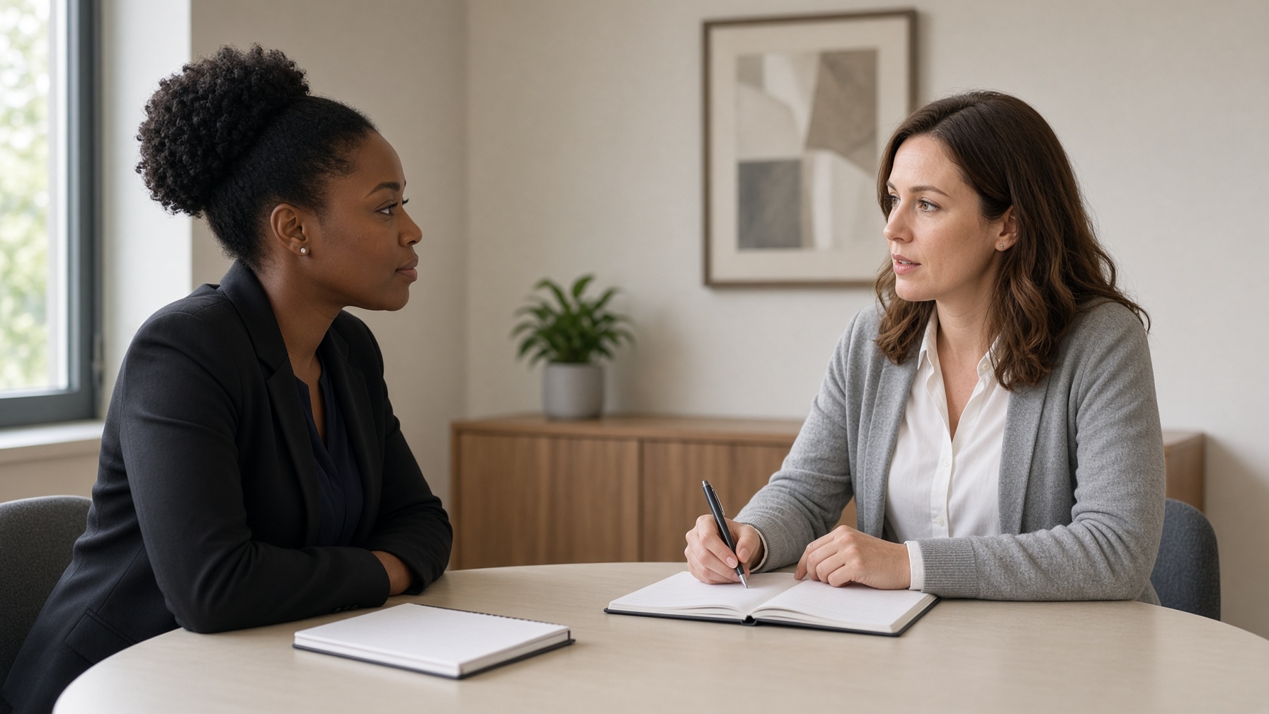 Two women sit at a small table with notebooks.