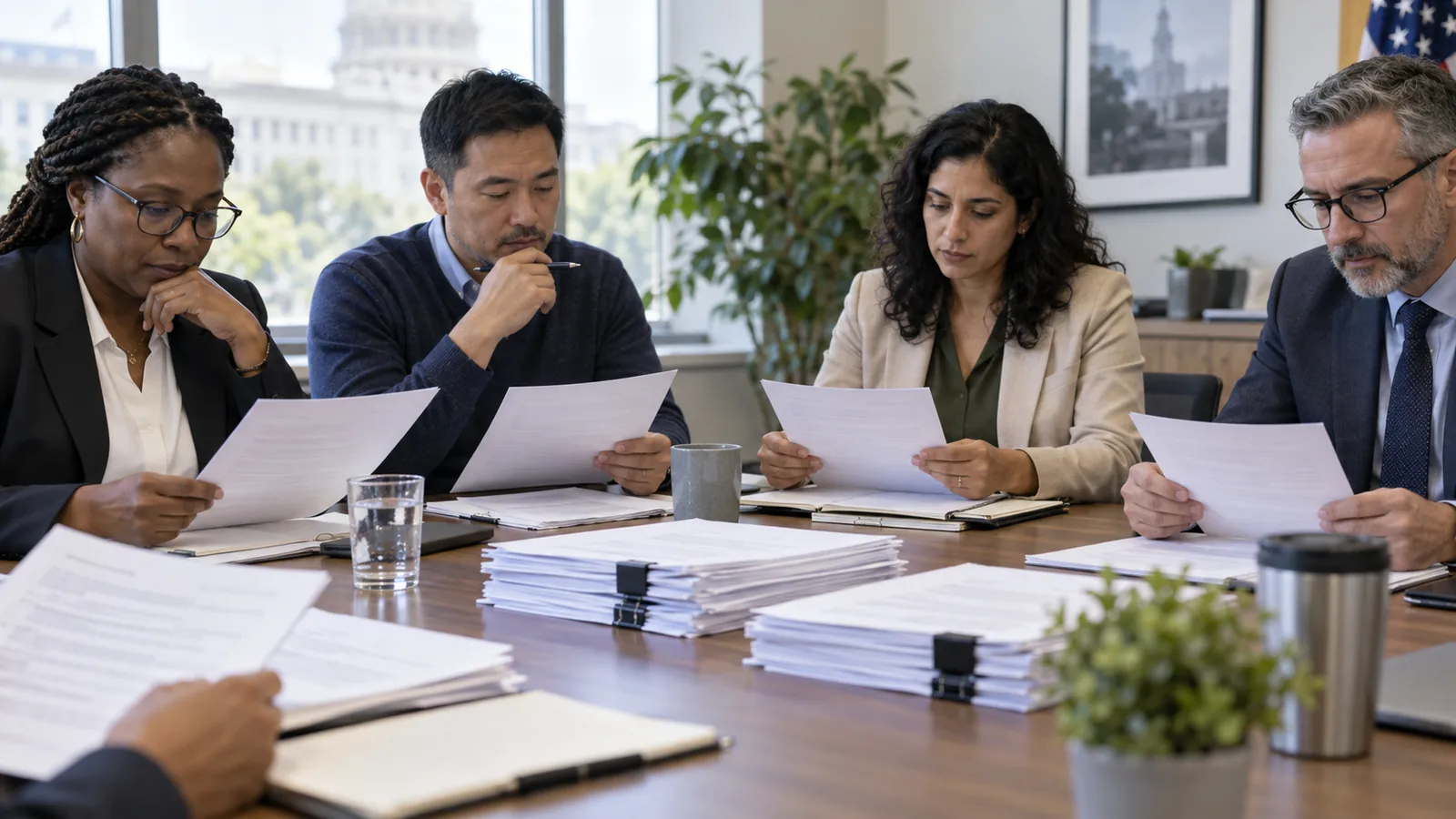 Colleagues carefully review documents and assumptions together around a table.