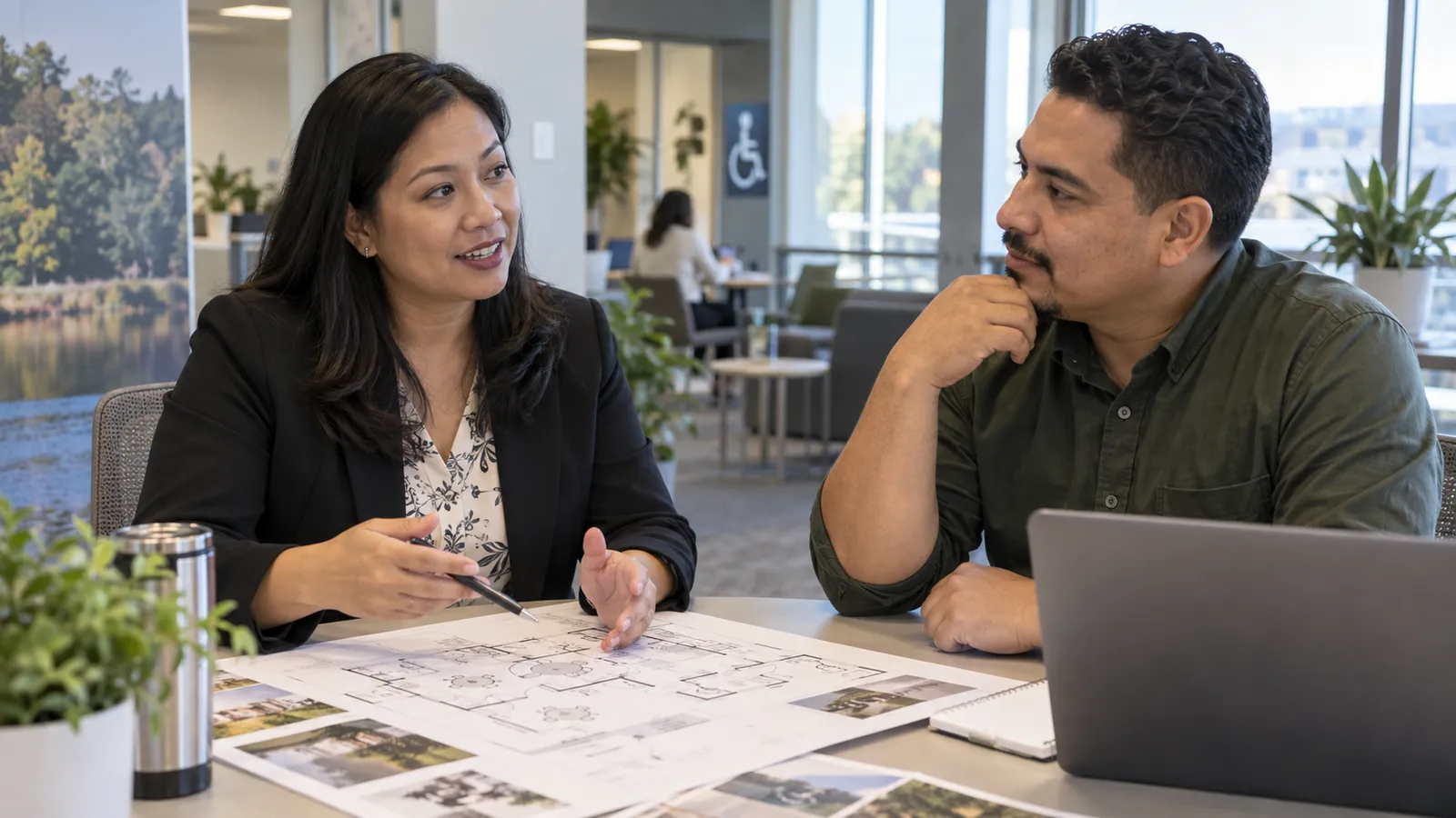 Two colleagues review a service plan together at a table.