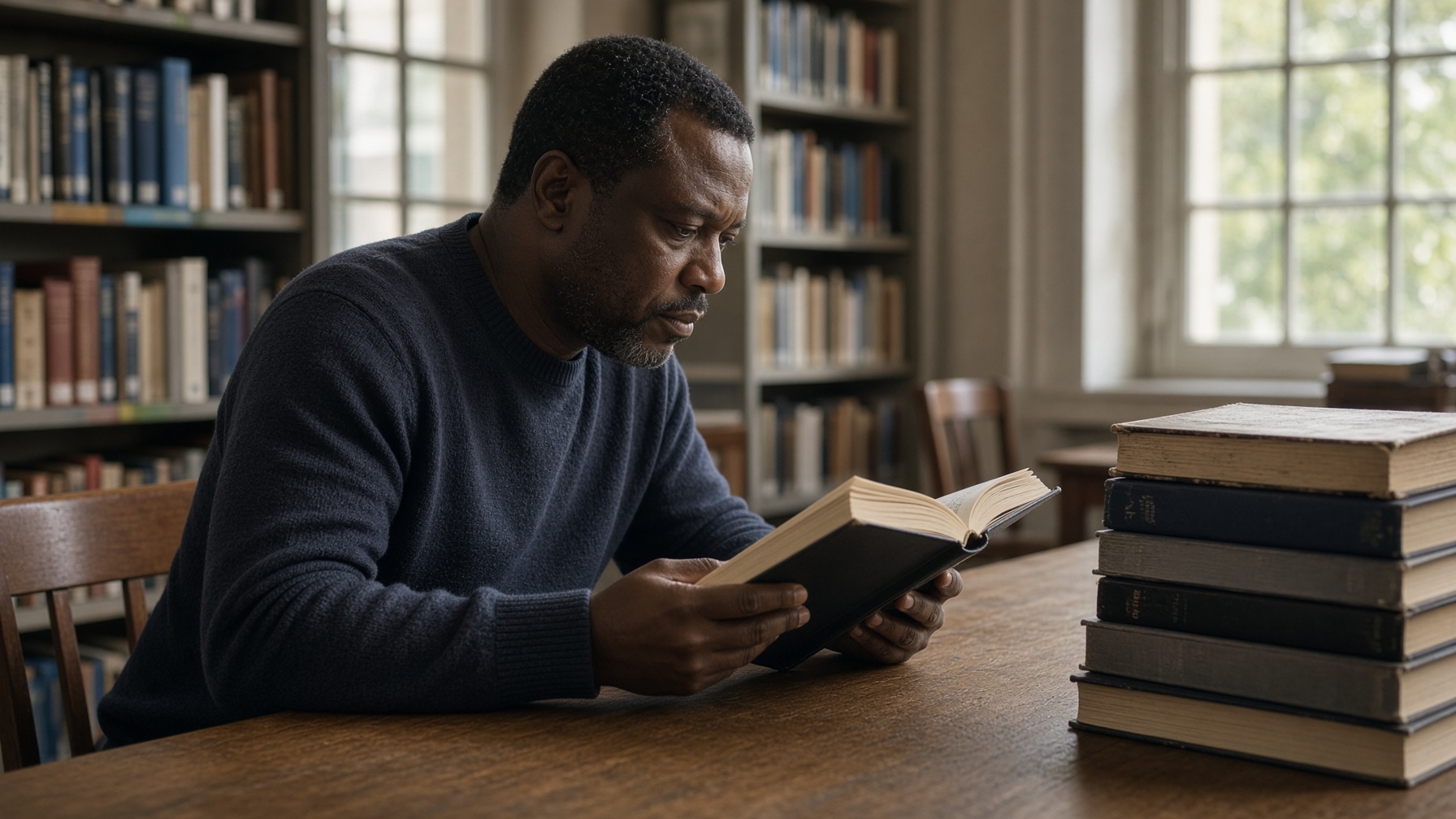 A man reads bound reports at a library table.