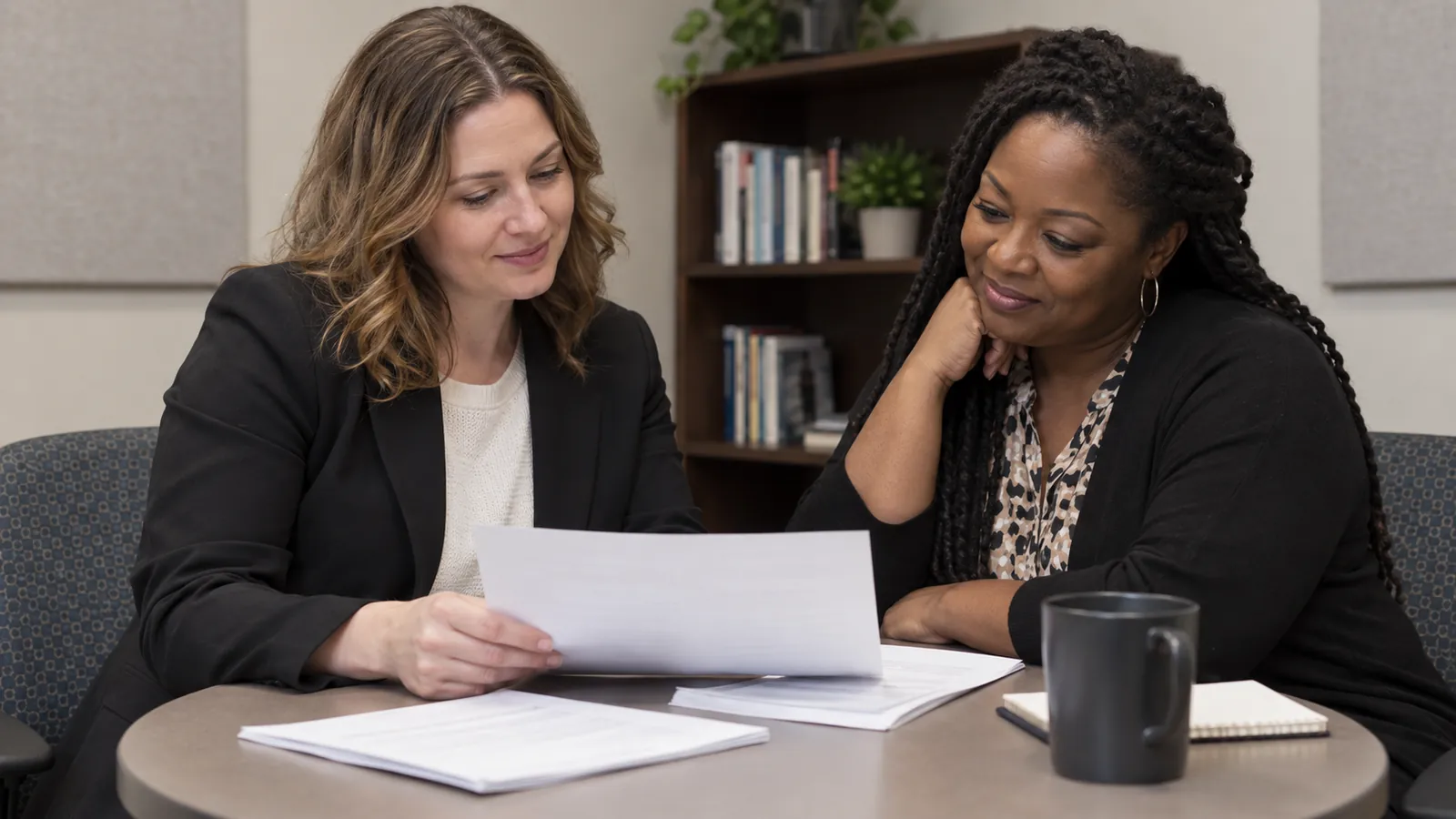 Two colleagues review a document together at an office table.