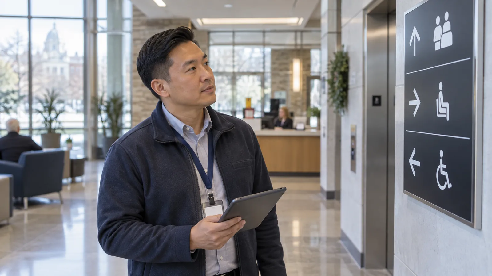 A professional carries a tablet through a public-service atrium.