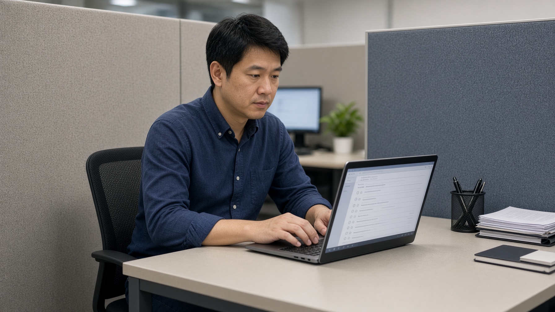A man fills a survey on a laptop in a cubicle.