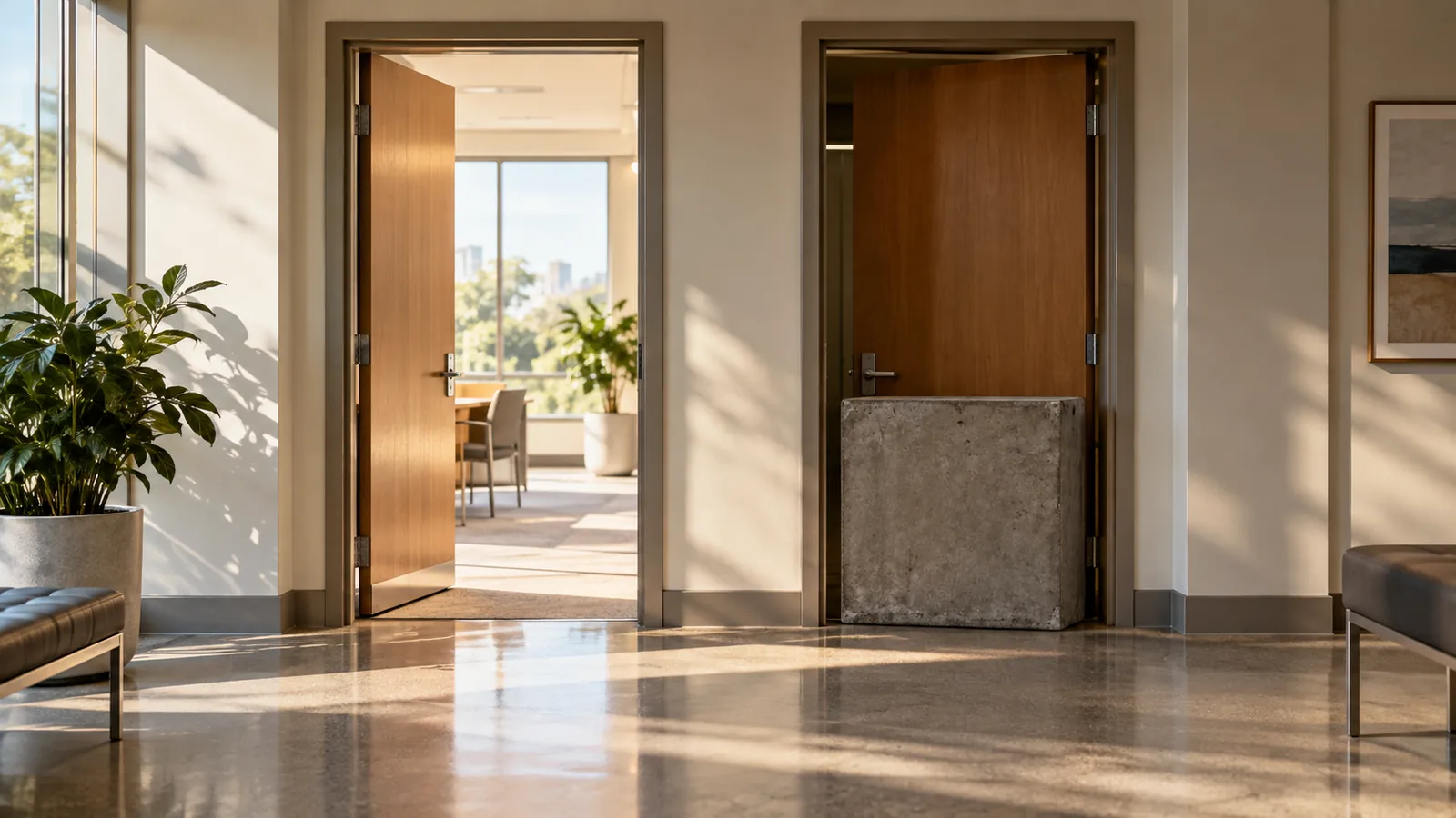 Two office doorways offer different levels of access to rooms beyond.