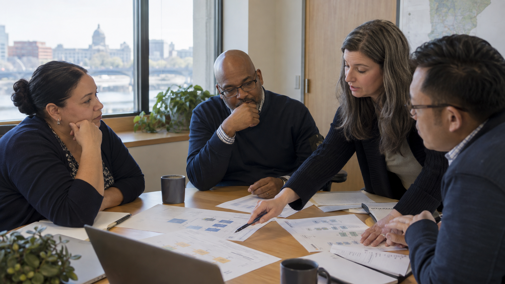 Four colleagues in a meeting room reviewing a proposed work process together.
