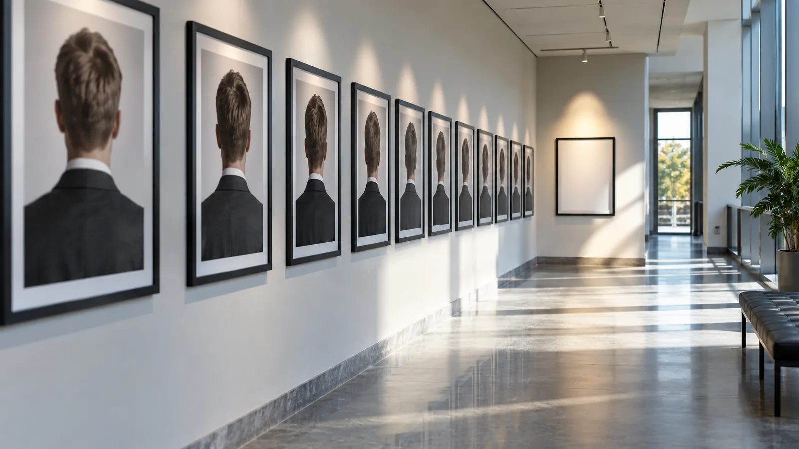 A row of similar framed portraits ends with an empty frame.