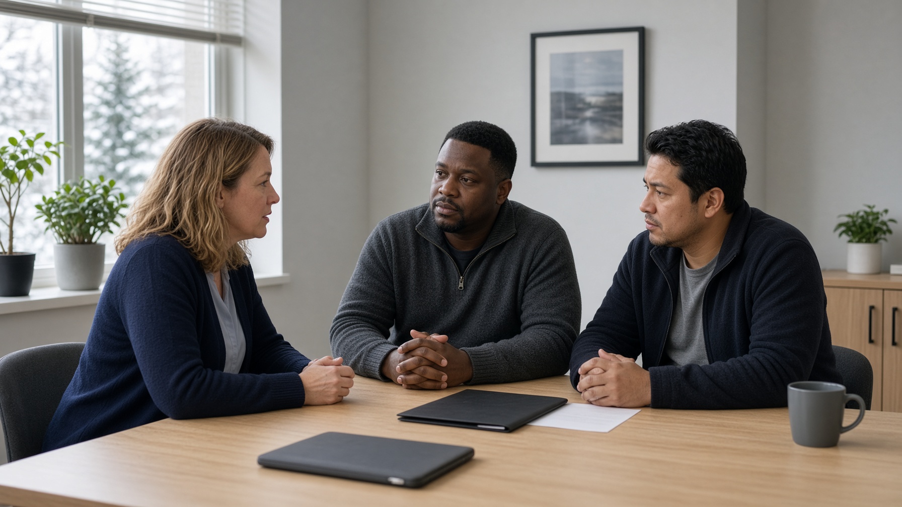 Three people sit at a table with a professional interpreter.