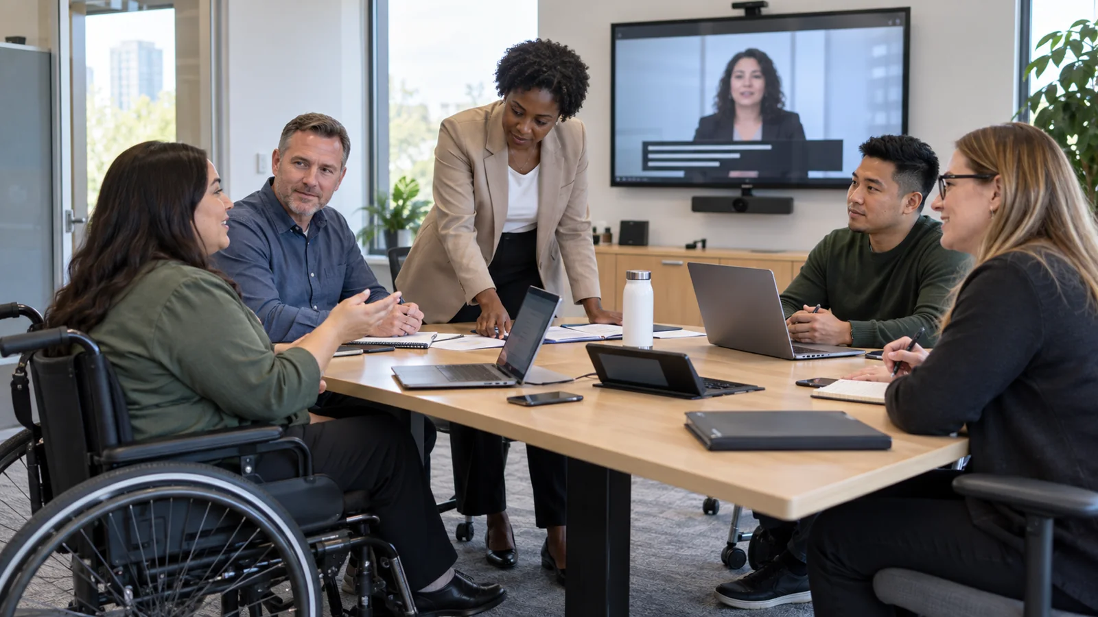 Colleagues hold an accessible meeting with a wheelchair user and caption display.