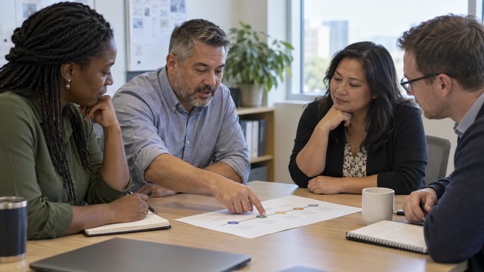 Four colleagues review a process timeline together at a table.