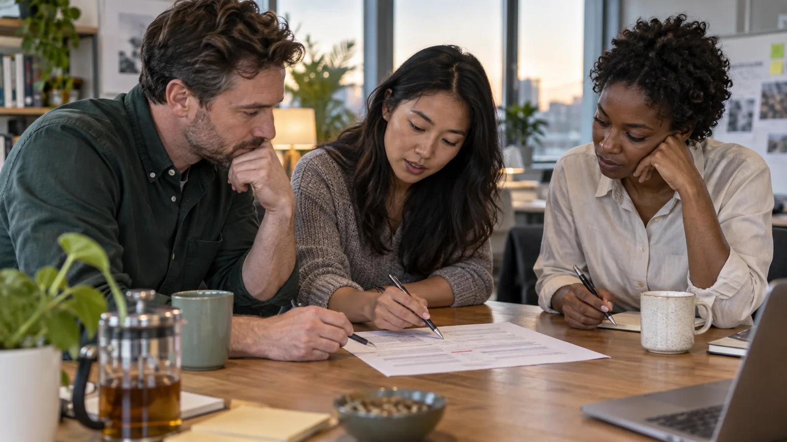 Three colleagues mark up a one-page change brief together.