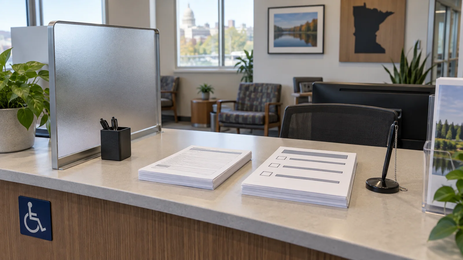 An accessible reception counter offers standard and large-print forms.