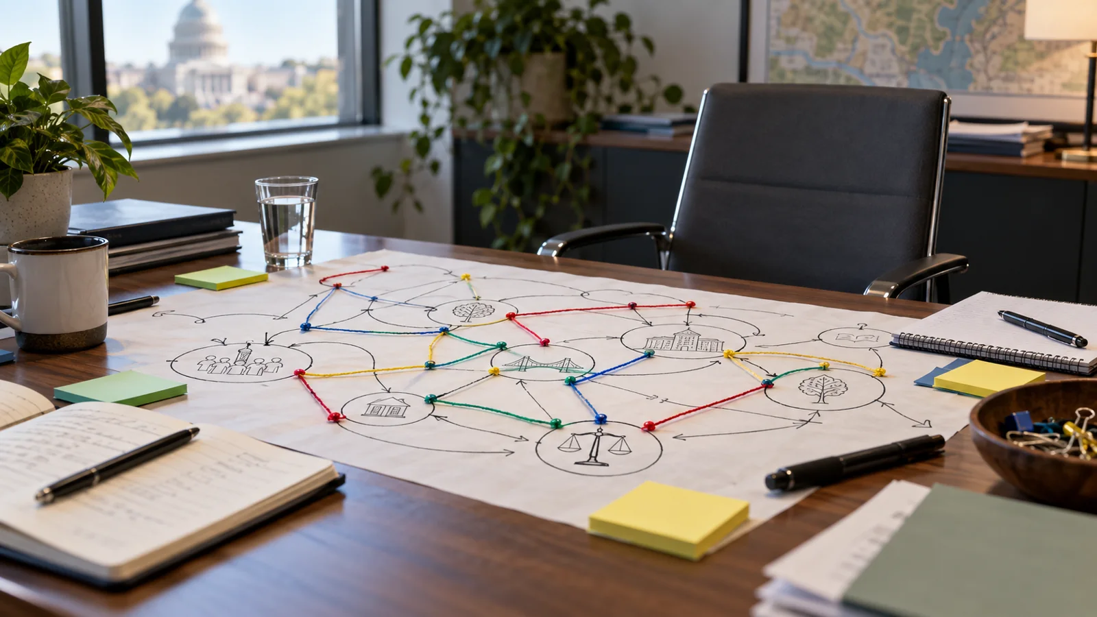 A process map and notes are spread across a working table.