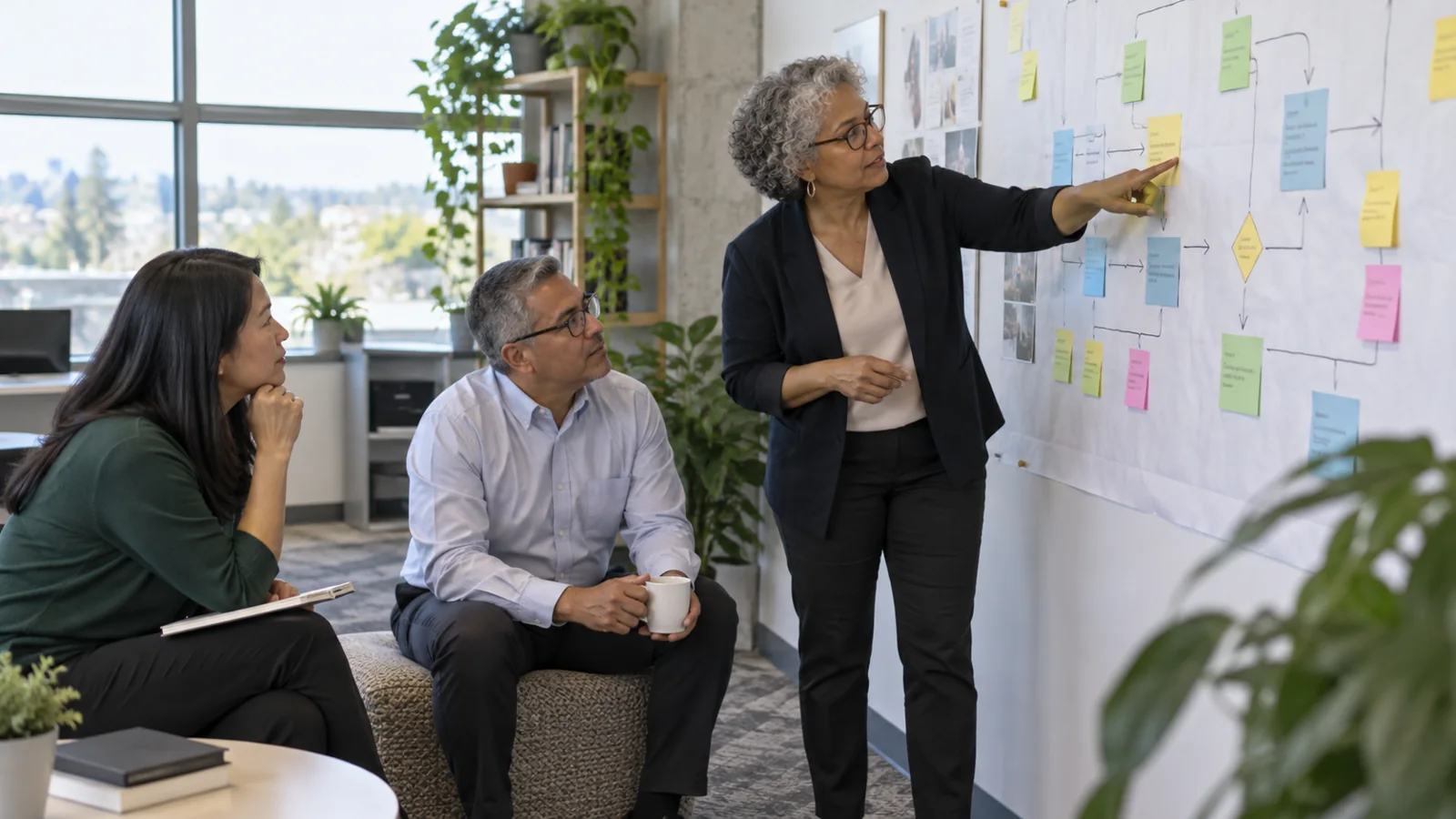 Three leaders consider a process map together in an office.