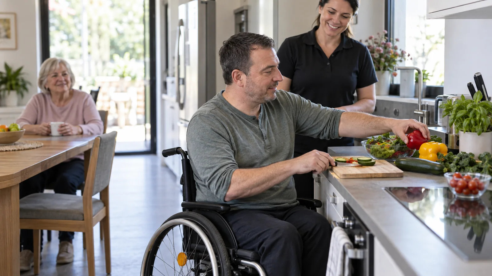 An adult wheelchair user prepares a meal while a support worker stands nearby.
