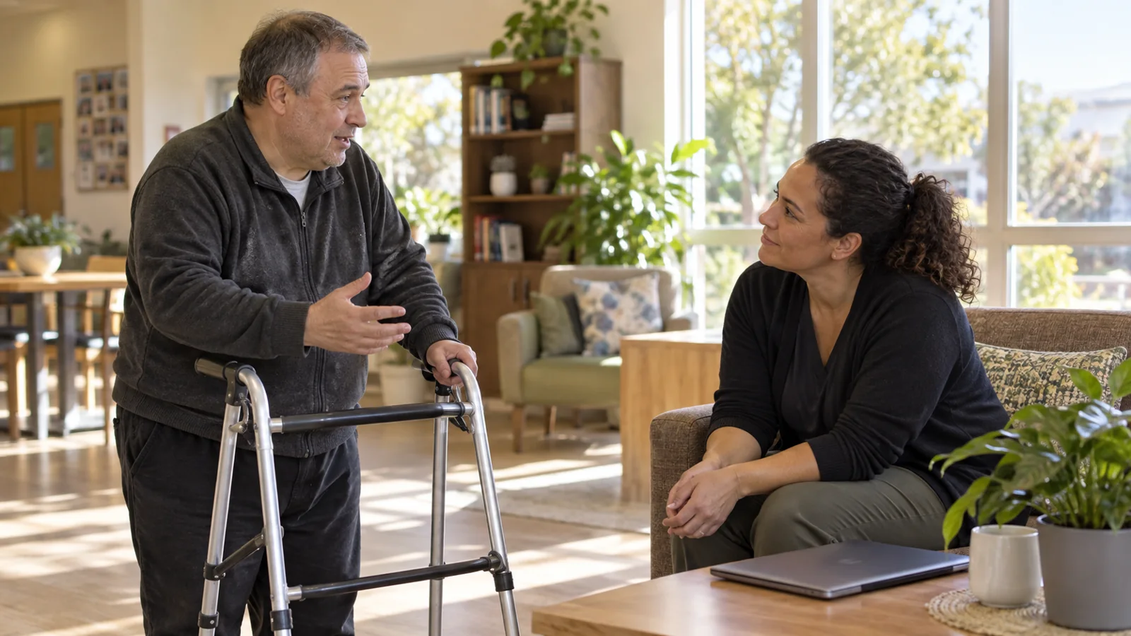 A support worker listens as a man with a walker describes what he wants.