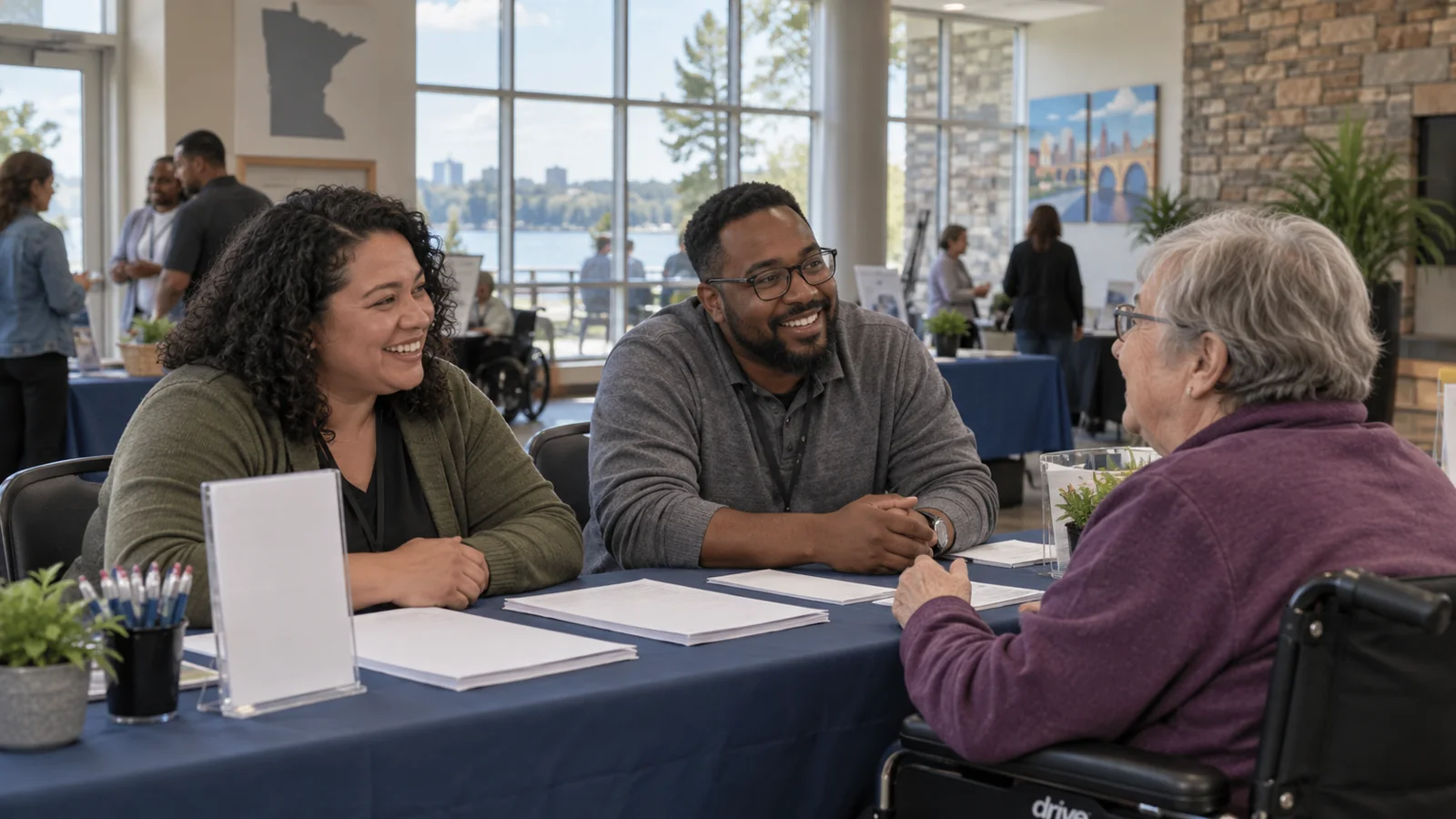 Community outreach staff speak with an older visitor at a resource table.