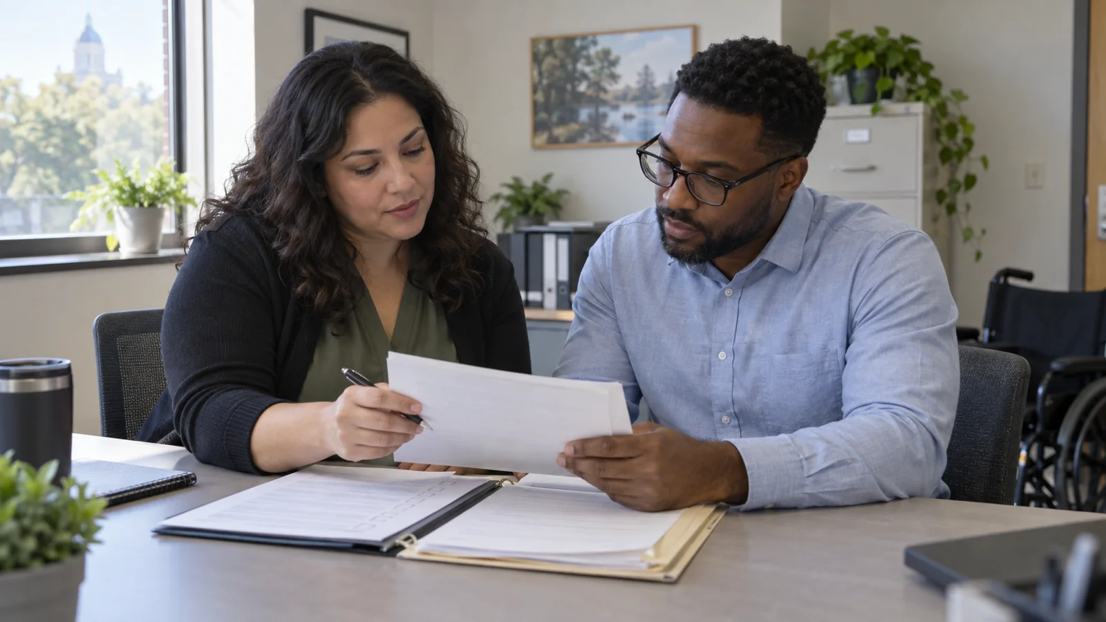 Two colleagues review a case packet and checklist together.