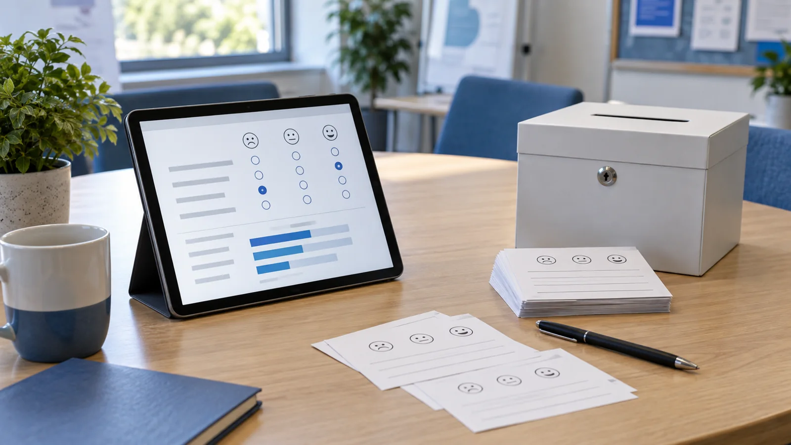 A tablet, paper survey cards, and a feedback box sit on a table.